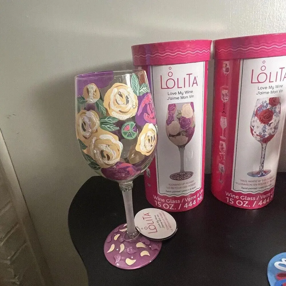 LOLITA Hand Painted Wine Glass Purple And Yellow “Coming Up Roses” - Picture 9 of 9